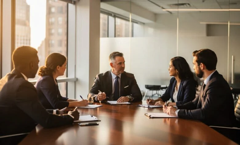A group of professionals hold an active discussion around a boardroom table.