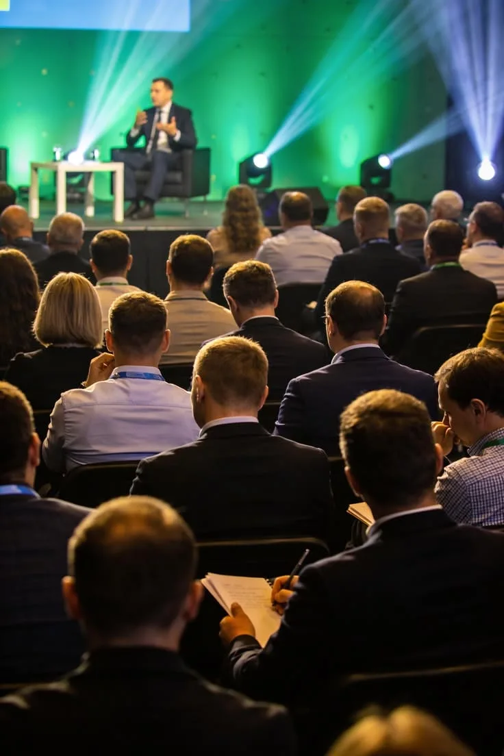 An audience listens and takes notes during a presentation.