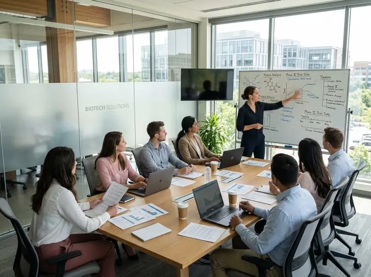 A cross-disciplinary team develops a solution around a strategy board.