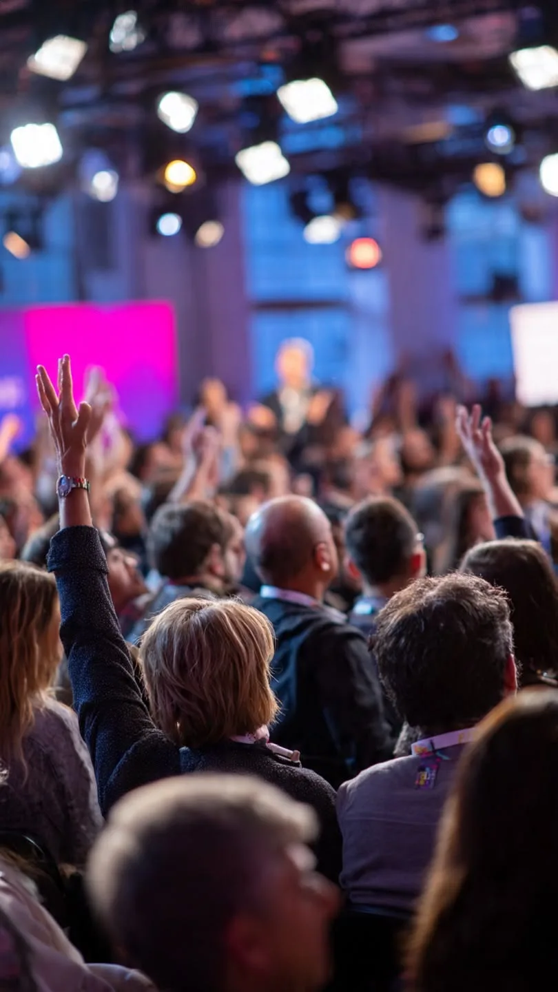 Audience members raise their hands to participate during an event.