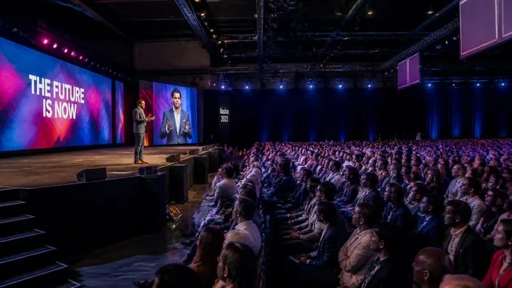 An emerging speaker presents to a large conference audience.